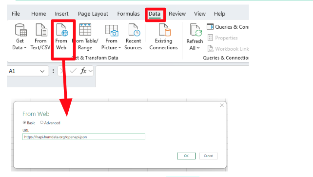 A screenshot showing how to access data from the web in Excel