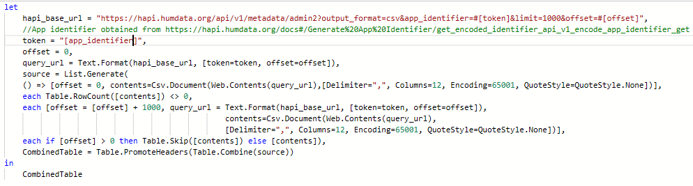 Screenshot of an improved Power Query for loading multiple pages of data from the HDX HAPI API