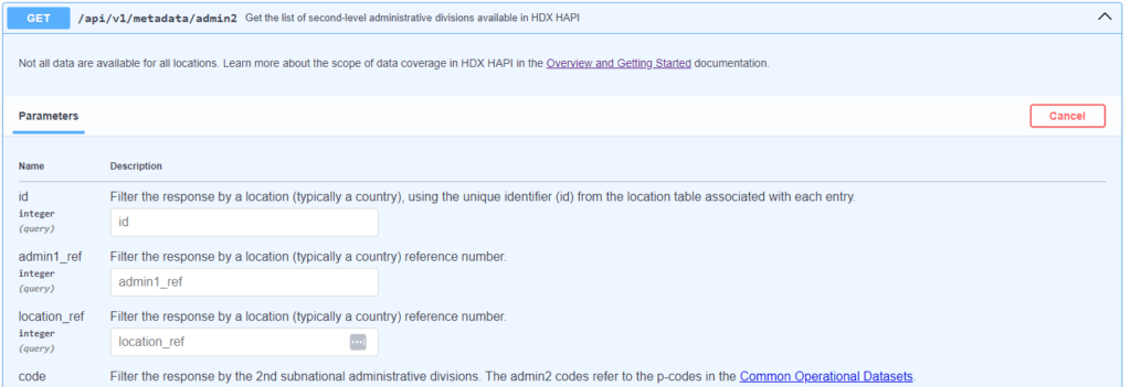 A screenshot showing details of the admin2 endpoint in HDX HAPI