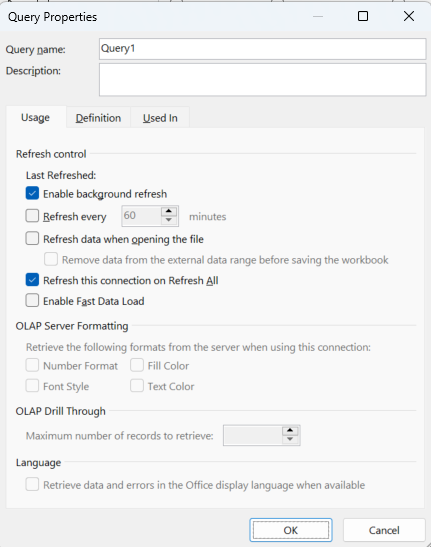 Screenshot of the Excel Query Properties dialogue which controls data refresh