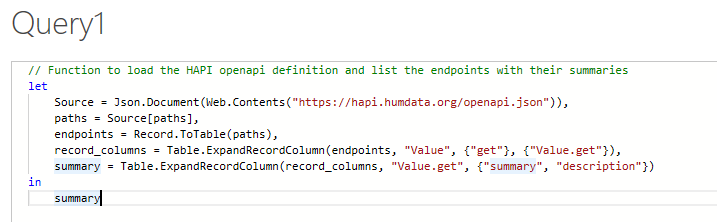 A screenshot of a refined Power Query for the OpenAPI JSON data